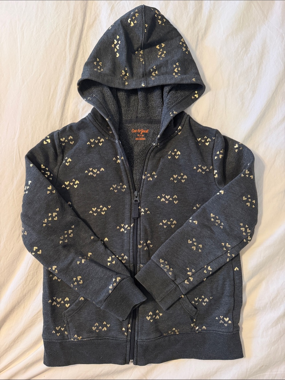 Cat & Jack Dark Charcoal Zip-Up Hoodie with gold Heart Pattern
